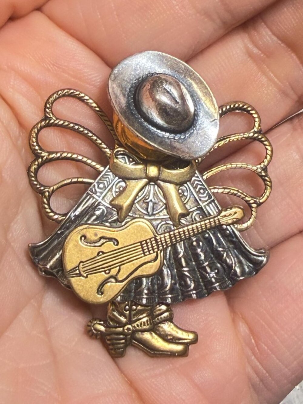 Cowgirl Angel Brooch Signed Kat's Creations OOAK Guitar Western Vintage 1.75 inc